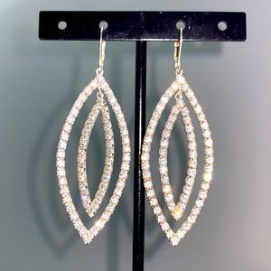 Beautiful Silver and Rhinestone Double Petal-Shaped French Clip Earrings